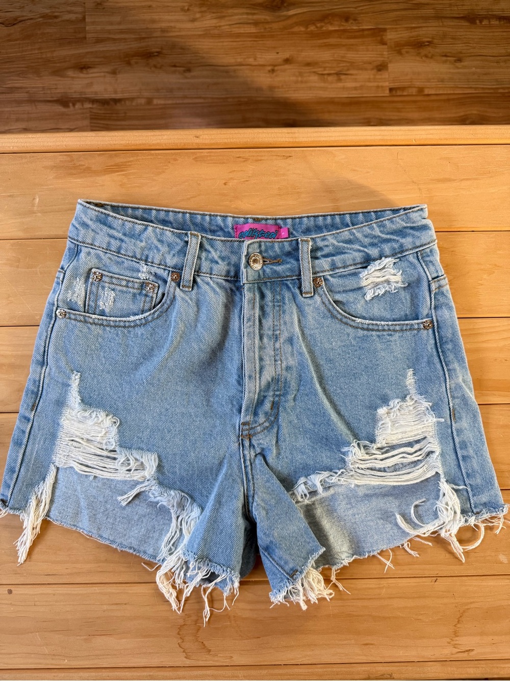 Edikted Light Blue Distressed Denim Cutoff Shorts